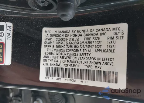 2015 Honda Cr-V Ex-L z USA, uszkodzony, nr VIN 2HKRM3H7XFH539011